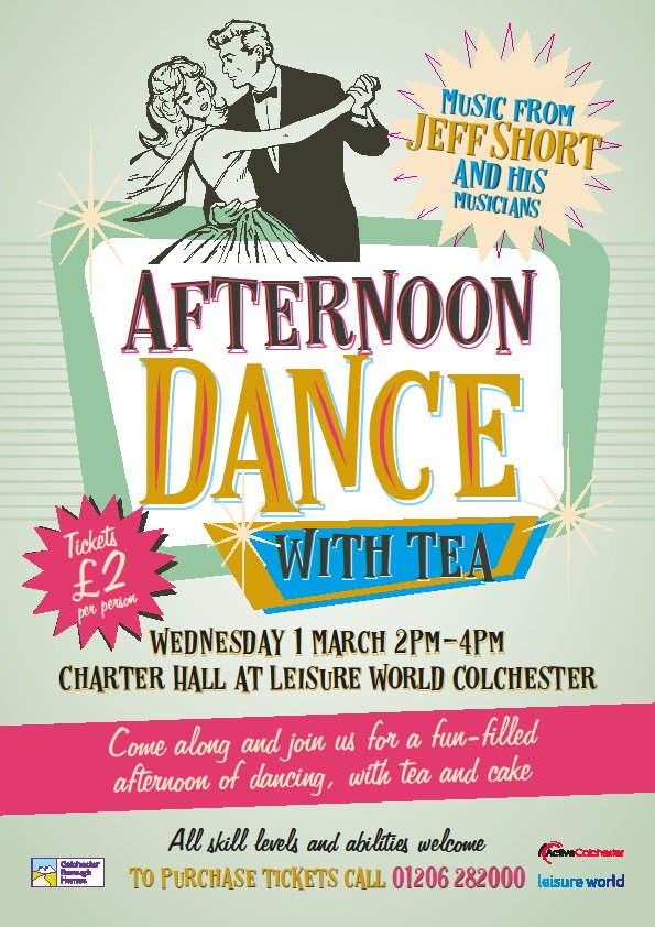 Spread the word… Come along &amp; join us for a fun-filled afternoon of dancing with tea &amp; cake! All skills &amp; abilities welcome @MNColchester