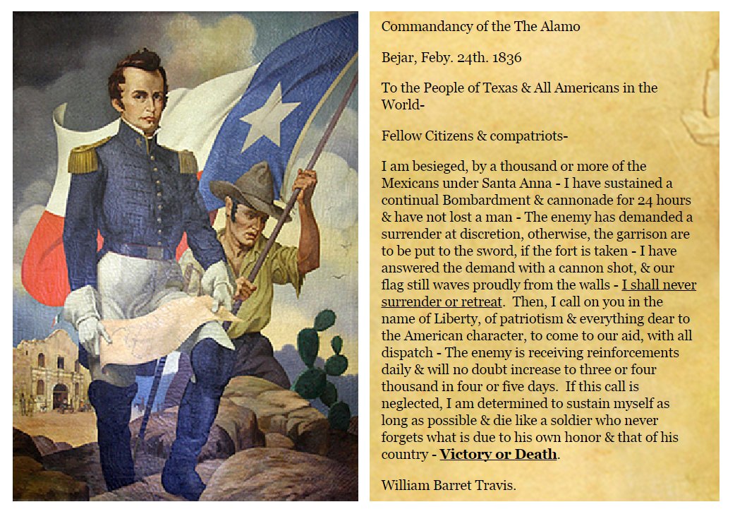 #OTD in 1836: #Alamo Commander William B. Travis wrote one of the most #Inspiring, stirring letters in #History &amp; signed it #VictoryOrDeath