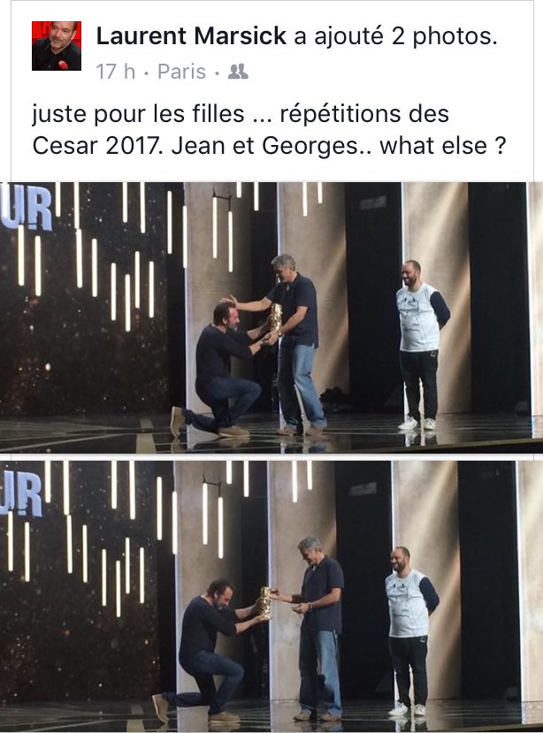laurentbazin's tweet photo. Dans les coulisses des #Cesars... @JeanDujardinOff et @GeorgeCIooney #Repets #Spoiler (via @lmarsick) https://t.co/C1DbEZufut