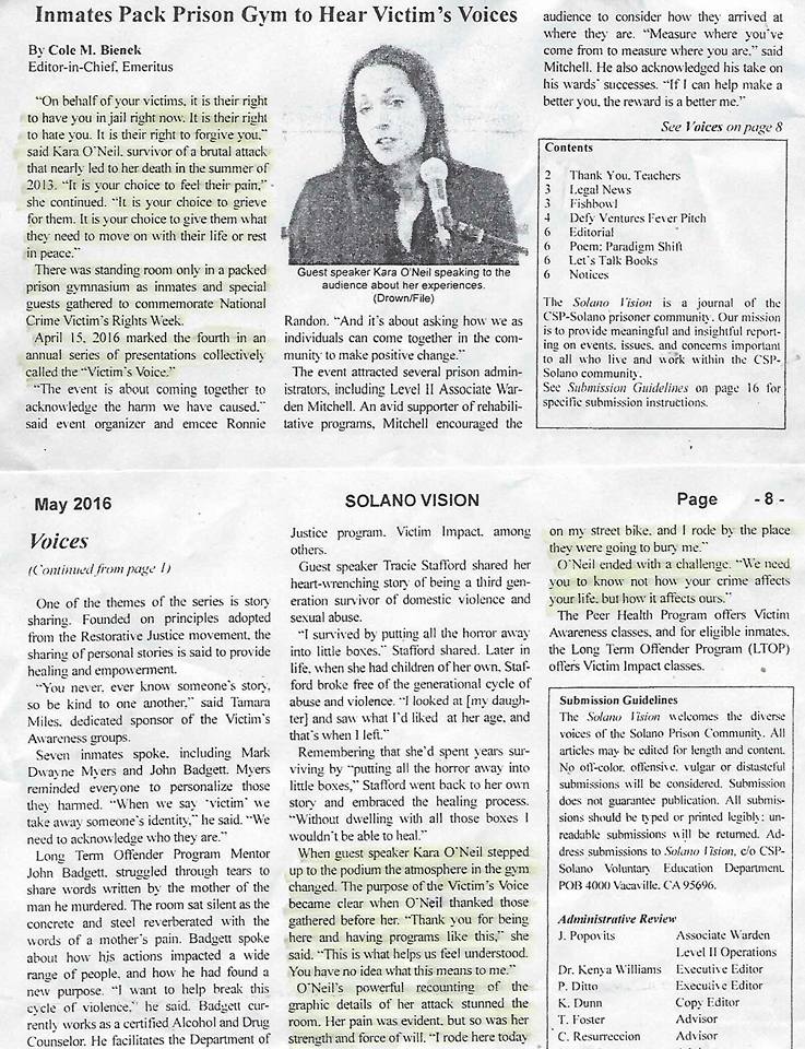 RealityofDV's tweet photo. Newspaper article covering one of my speeches last year at California State Prison Solano. https://t.co/0YIgMVgNbP