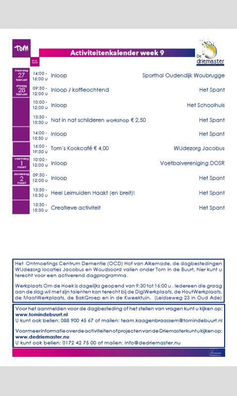 Activiteitenkalender komende week <a href="/DeDriemasterKB/">De Driemaster</a>