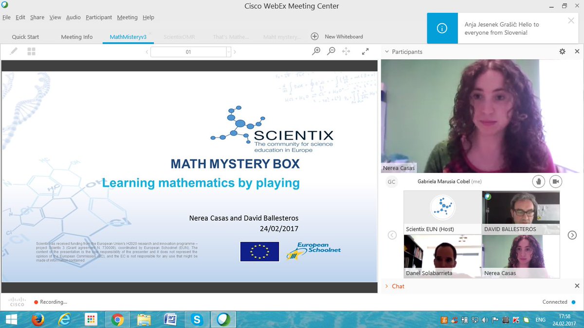 GabrielaCobel's tweet photo. Great Scientix Webinar! - "Math Mystery Box: Learning mathematics by playing" Thank you @math_mystery and @david_ciencia!
Happy @scientix_eu https://t.co/6xa4ZJ62Ve