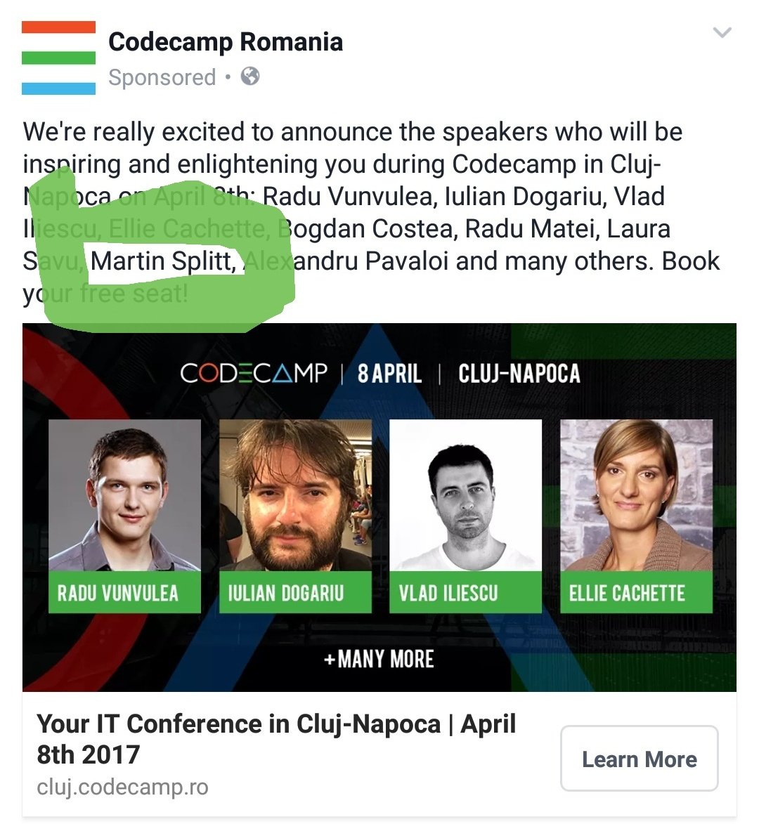 ioana_cis's tweet photo. Oh hey @g33konaut look who I found in this ad from @Codecampro #cluj! #codecampcluj #codecampcj https://t.co/cqljyA4G5z