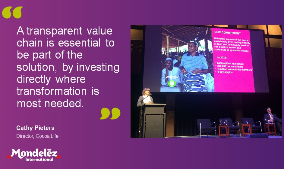 MDLZ's tweet photo. Our very own @CathyPieters talks about our #CocoaLife program at #Chocoa event. #Call4Wellbeing https://t.co/cwXYkqDNLK