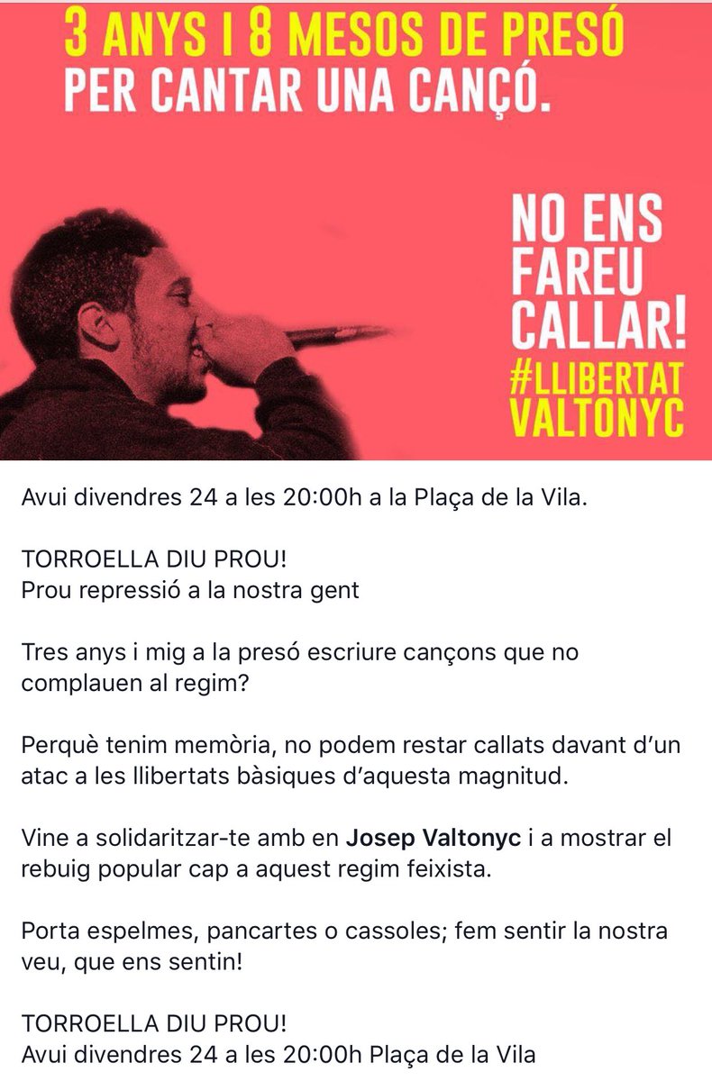 Torroella diu PROU! Avui divendres 24 a les 20:00 a la Plaça de la Vila concentració de suport a <a href="/valtonyc/">Josep Valtònyc</a> #LlibertatValtonyc
