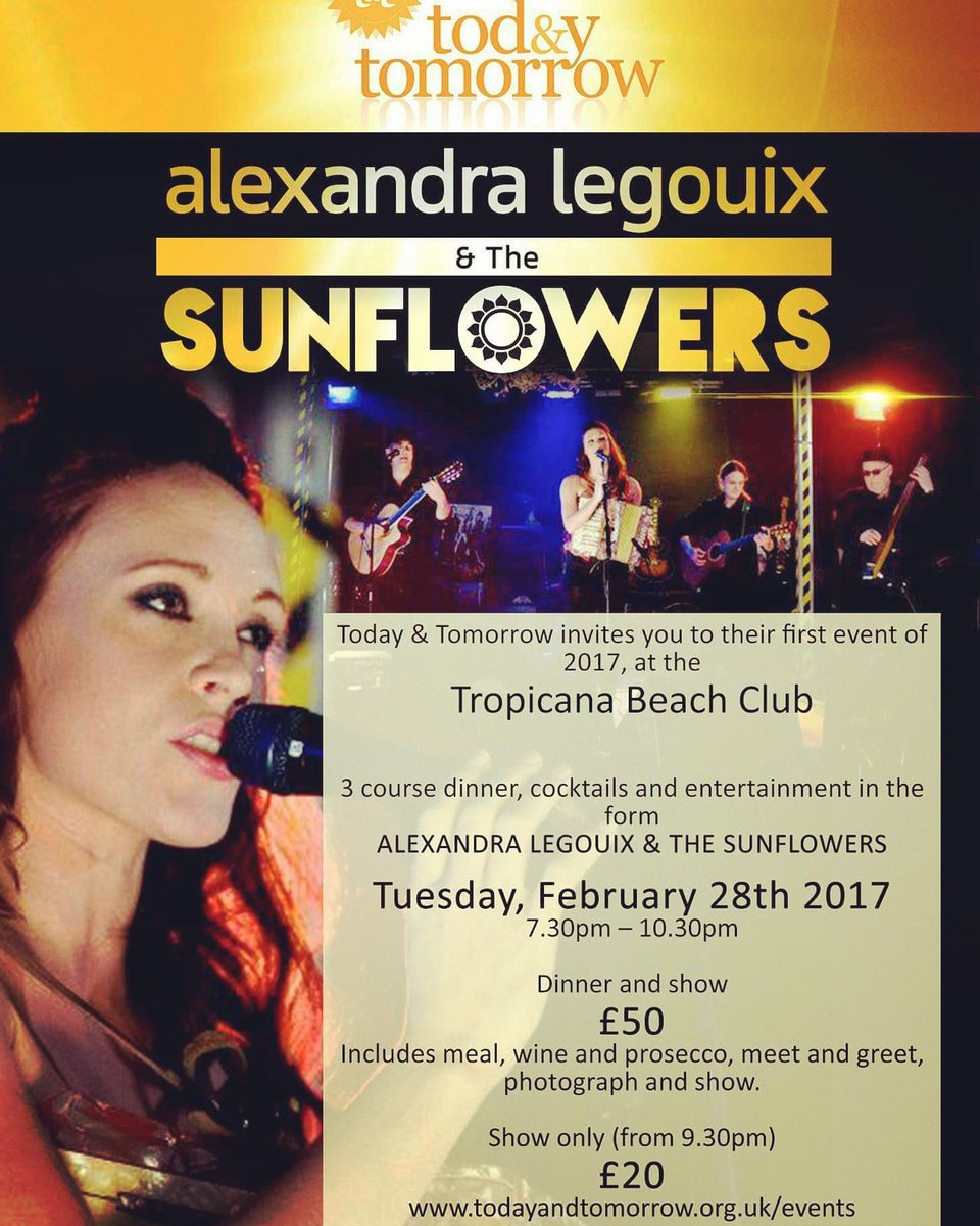 ALnSunflowers's tweet photo. Come watch us on Tuesday &amp; enjoy the fab @AaronCarty; a 3 course dinner and some wine while you're at it. All for @todayandtomo1 😍🤗 Buy NOW https://t.co/1DXjhS9RXS
