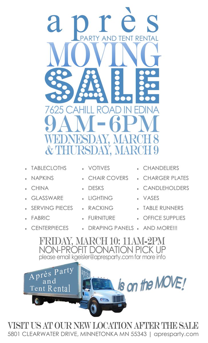 ApresEventNTent's tweet photo. You asked! Here it is!! The #MOVINGSALE!!! You will need to come to see what we have and we will not be doing any sneak peaks.See you there! https://t.co/hdTQsBxMzX