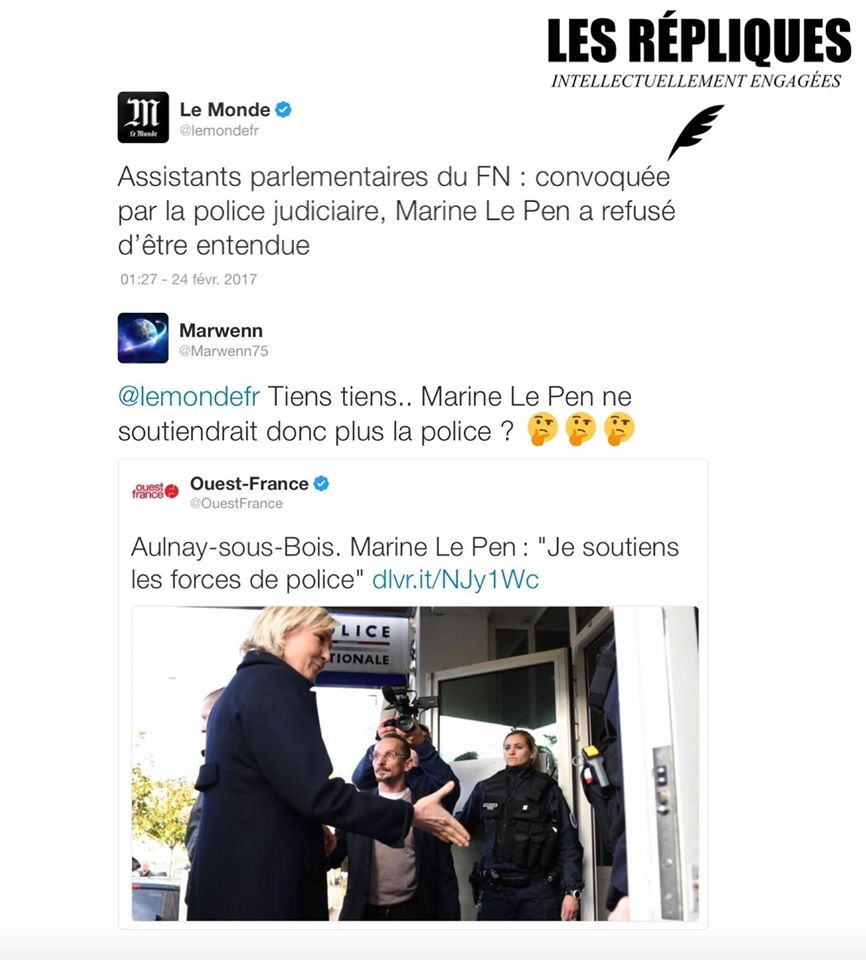 Les_Repliques's tweet photo. Emplois fictifs présumés : protégée par son immunité parlementaire, @MLP_officiel refuse d’être entendue par la police judiciaire https://t.co/AP78QOk9k2