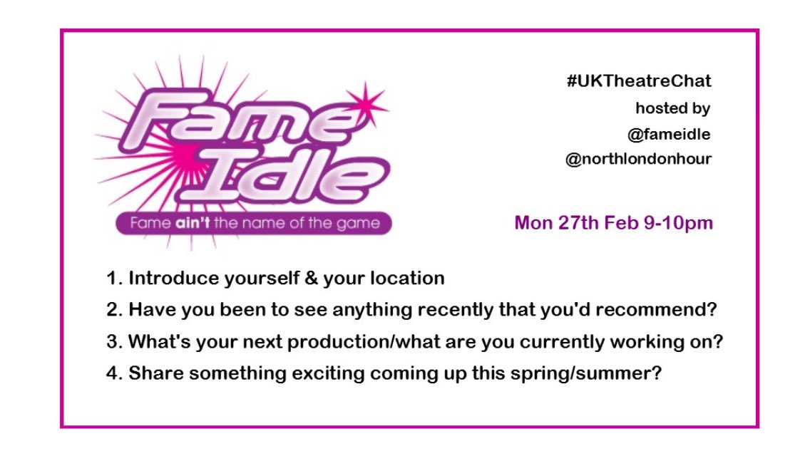 fameidle's tweet image. Join us for a one-off #UKtheatrechat this Monday 9-10pm! Please RT! #musicaltheatre #networkingfriday #theatre #FridayFeeling #tweetchat