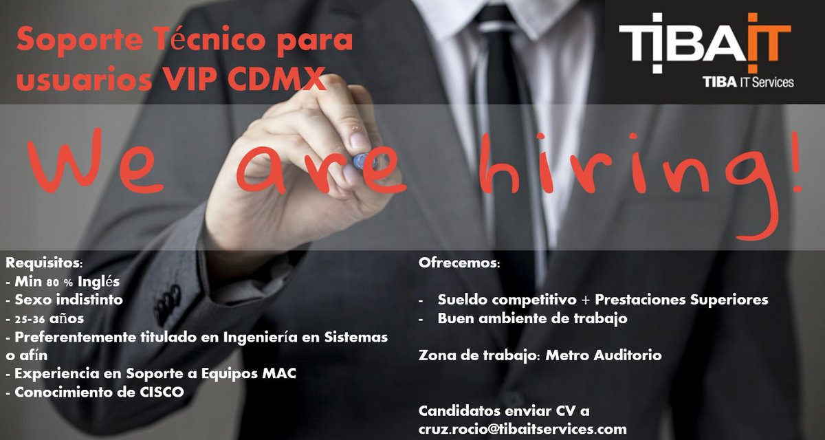 TibaITServices's tweet photo. ¡ WE ARE HIRING ! cruz.rocio@tibaitservices.com #ILOVETIBA @TibaITServices https://t.co/VaWAECQ0CT