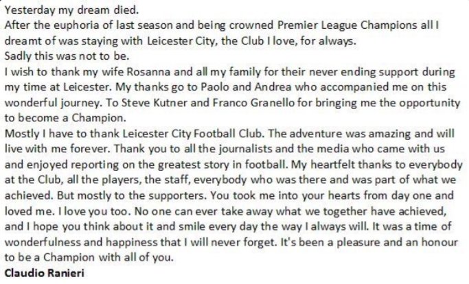 Sporf's tweet photo. LEGEND: Claudio Ranieri's farewell message to Leicester City fans.

The end of his dream. 😢🙏 https://t.co/MbMlUkKJyg