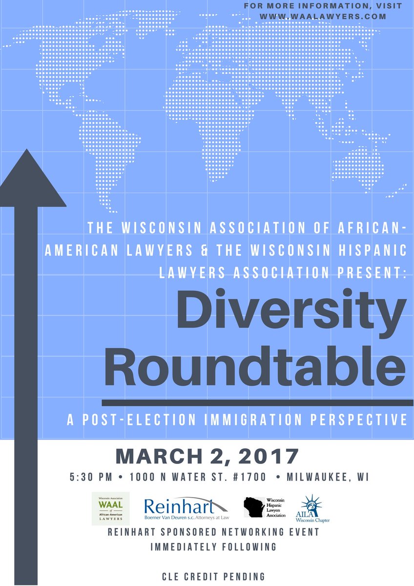WAALawyers's tweet image. We are excited to partner with #WHLA for the free CLE-pending Diversity Roundtable. Thanks to @ReinhartLaw, #AILA, and @StateBarofWI. RSVP!