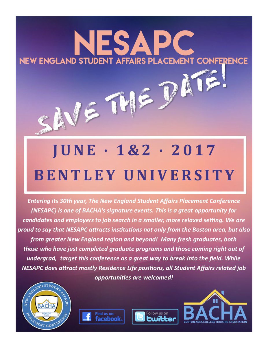 SAVE THE DATE:

<a href="/BACHA_NESAPC/">NESAPC</a> is June 1 &amp; 2 at <a href="/bentleyu/">Bentley University</a>. More info to come!

#SAchat #SApro #SAgrad #ResLife