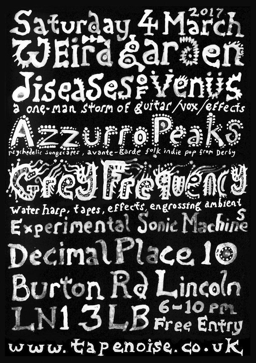 ►Grey Frequency live, Sat 4th March, Weird Garden, #Lincoln◄
With <a href="/azzurropeaks/">Azzurro Peaks</a>, Diseases of Venus &amp; <a href="/PeterKRollings/">Peter K Rollings</a>
facebook.com/events/2591749…