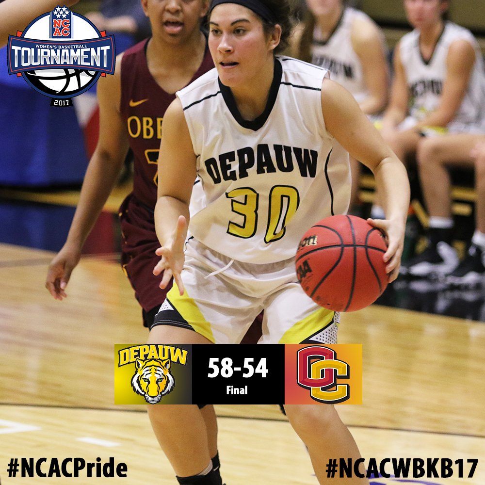 NCAC's tweet photo. Final from the first #NCACWBKB17 semifinal - @DePauwAthletics 58, @Yeo_Athletics 54 https://t.co/VlsM0Hz1c3