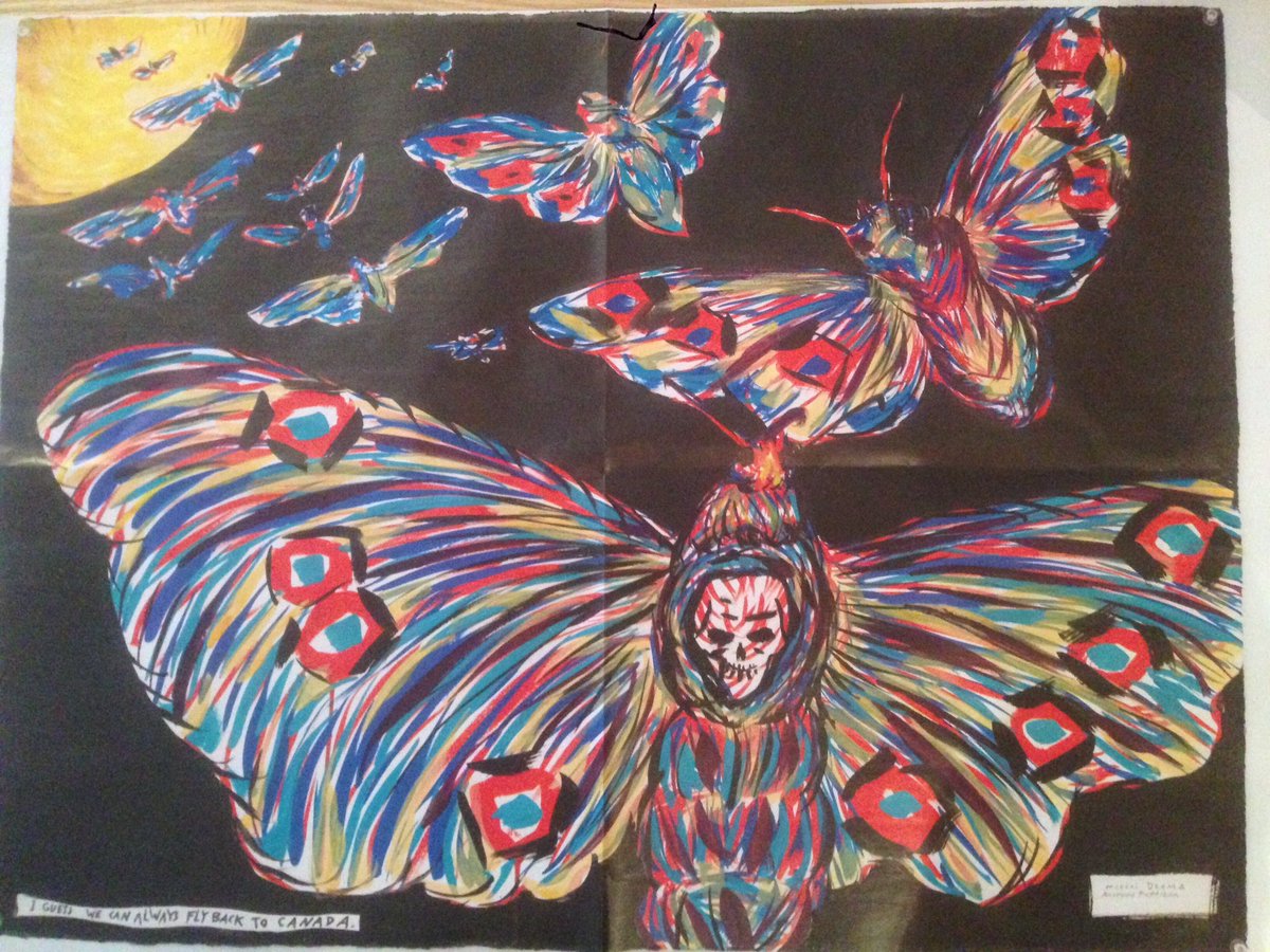 aurelieromanacc's tweet photo. "I guess we can always fly back to Canada" Marcel #Dzama et Raymond #Pettibon unissent leur talent pour réagir à l'actualité #pointdironie https://t.co/BBIvEqg7KT
