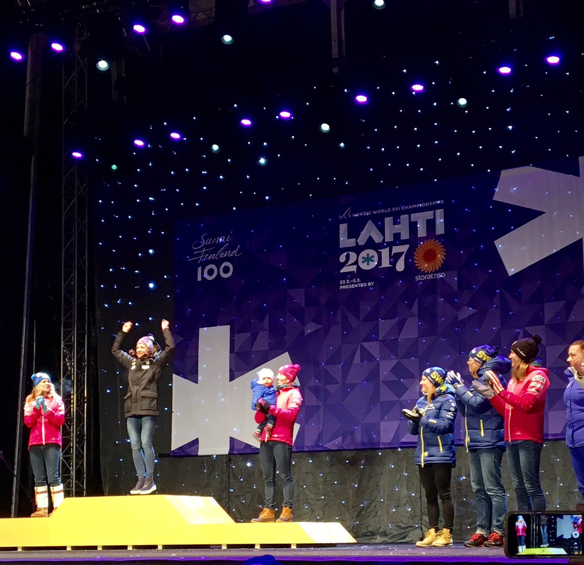 Podium shot from downtown #Lahti2017. We're very proud of <a href="/jessdiggs/">Jessie Diggins</a> <a href="/kikkanimal/">Kikkan Randall</a> and <a href="/dophed/">Sophie Caldwell Hamilton</a>. <a href="/CraftofSweden/">Craft Sportswear US</a> <a href="/LLBean/">L.L.Bean</a>