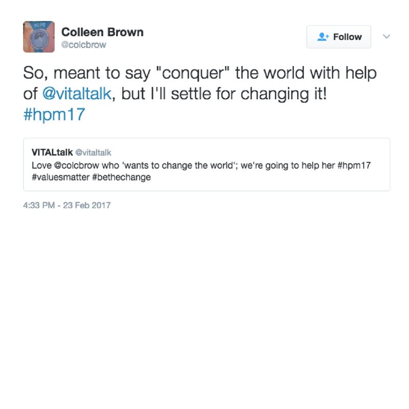 Pallimed's tweet image. #hpmTOTD Nominee #1 @colcbrow w @vitaltalk suggest we change AND conquer the world #hpm17