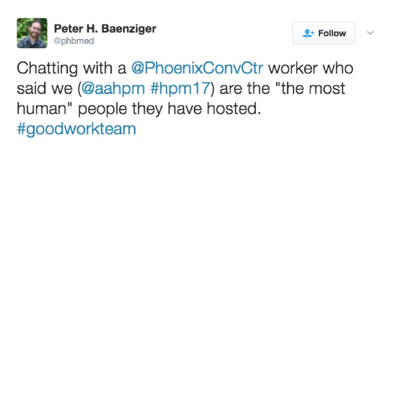 Pallimed's tweet image. #hpmTOTD Nominee #2 @phbmed gives #hpm17 attendees a high 5 for being &quot;most human&quot;#hpm17