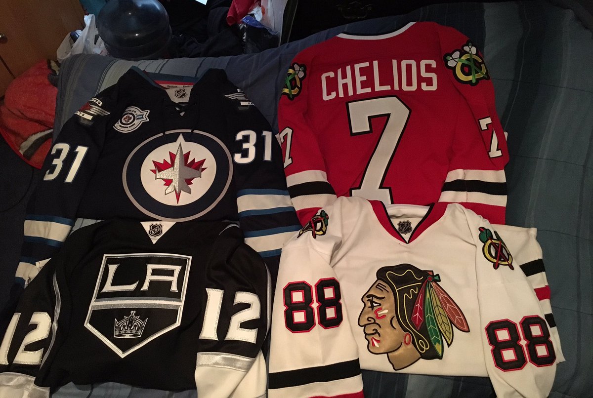 Rabies93's tweet image. My jerseys! #HockeyJerseyDay #NHLJets #Pavelec #LAKings #Blackhawks #Chelios #Kaner #Avalanche #Thrashers #Capitals #Ovie #Wolves