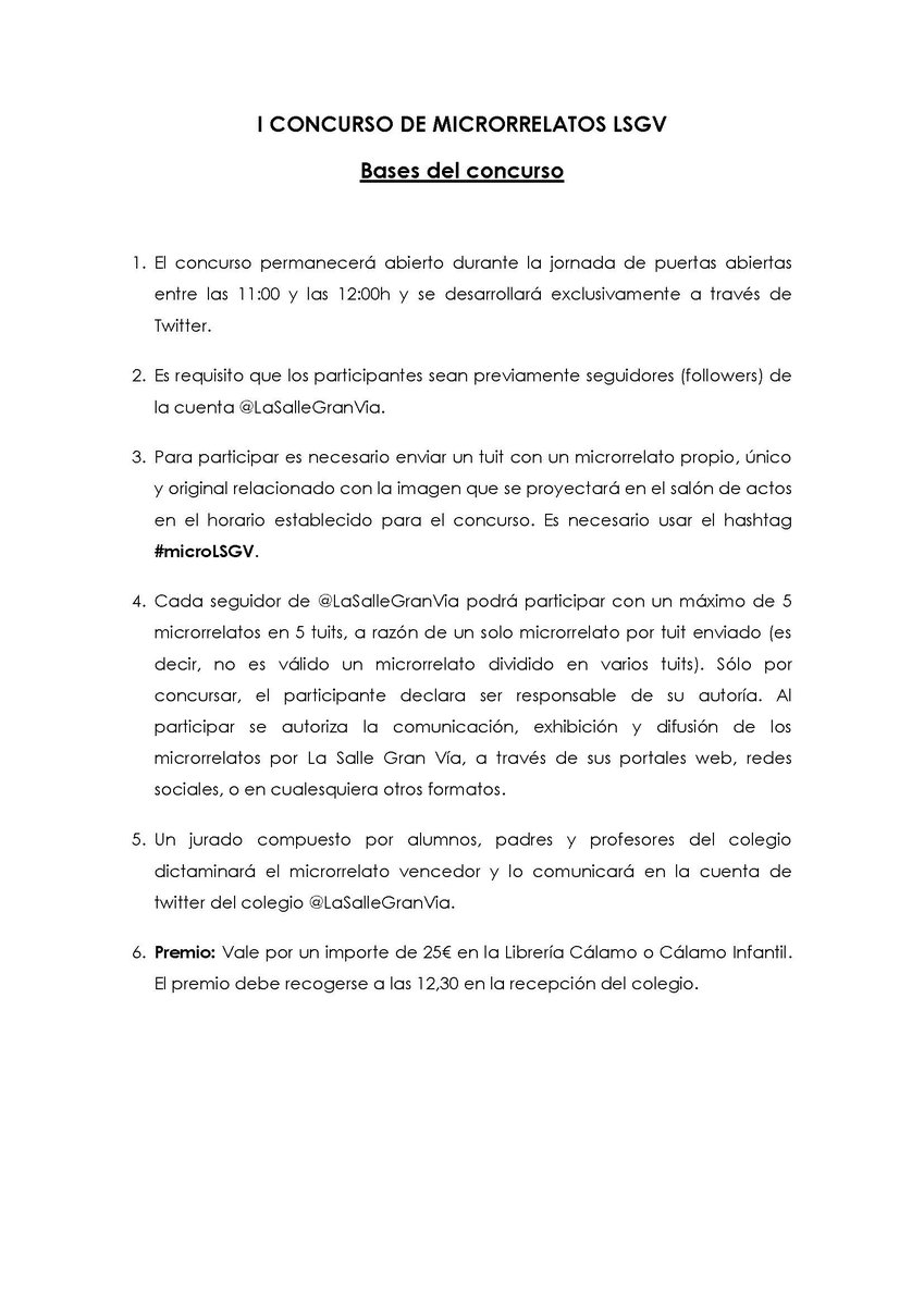 LaSalleGranVia's tweet image. Mañana celebramos #LSGVopenday17 y tenemos una sorpresa: "I Concurso de microrrelatos" #microLSGV. +Info en el Salón de Actos del Centro.