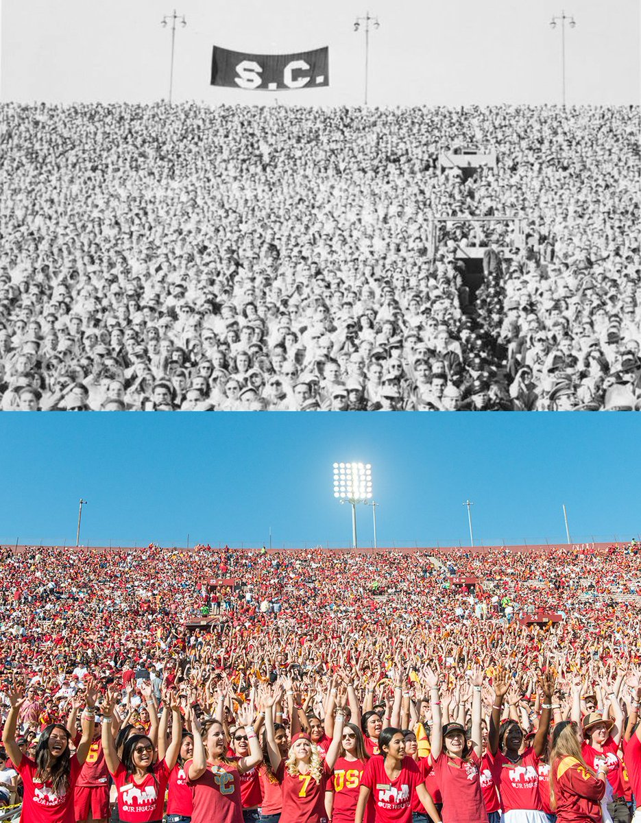 USCAlumni's tweet photo. #ThenAndNow of a #USC game at the #LAColiseum. Anyone know what happened to that banner? #GoingBacktoCollegeDay https://t.co/EWNMstMPil https://t.co/yuUsRyUE3o