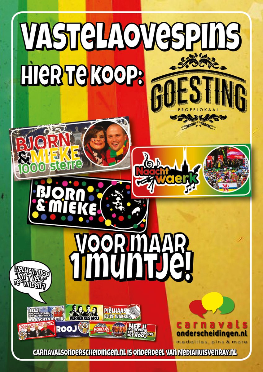Vanaf vanavond zijn de pins van <a href="/BjornMieke/">Bjorn & Mieke</a> en ook <a href="/naachtwaerk/">Naachtwaerk</a> te koop bij @goestingvenray. Diverse andere zijn te koop bij 't Postkantoor!