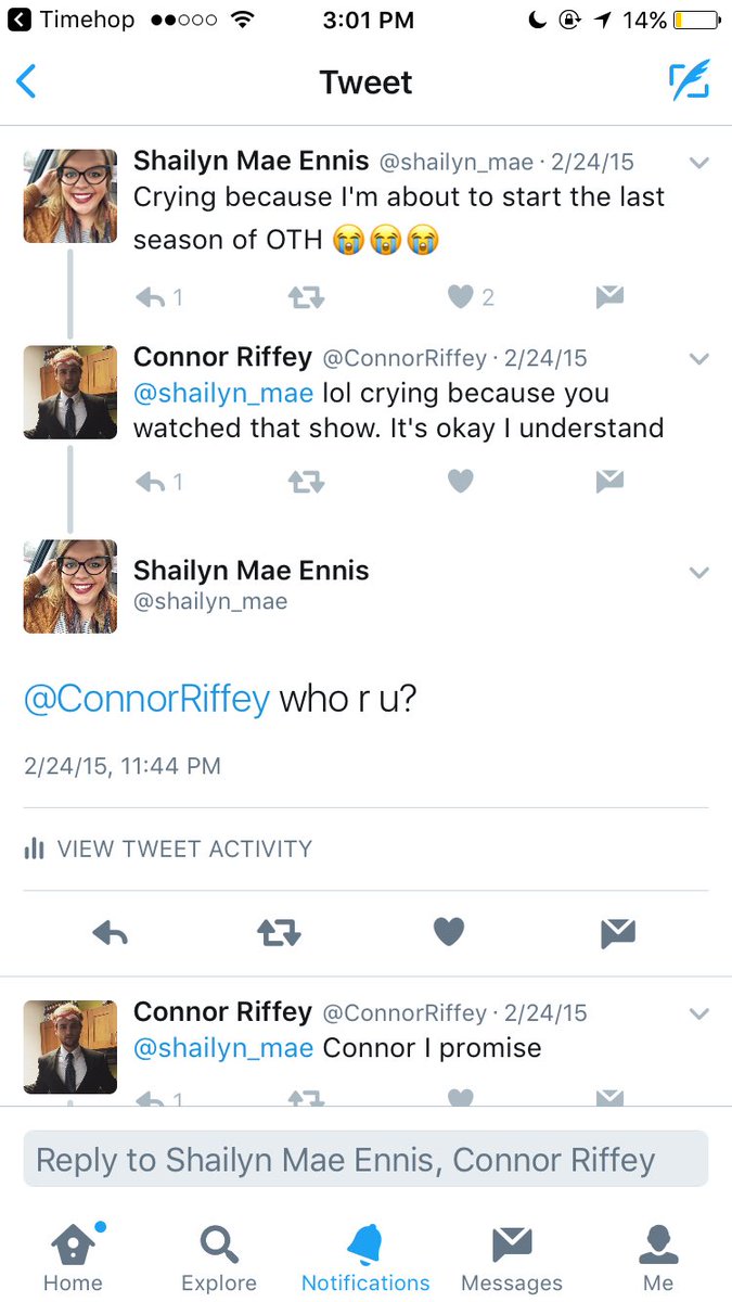 shailynnnmaeee's tweet photo. 2 years ago you talked ish to me about watching OTH & now you're obsessed #fake #bandwagon #othislife @ConnorRiffey https://t.co/kC2ZSkScfy