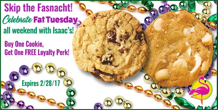 IsaacsOnTheFly's tweet photo. BOGOF Cookie #Loyalty perk at #Isaacs! Celebrate Fat Tuesday all weekend!  Expires 2/28! https://t.co/hCq4d4FRIg https://t.co/wVfqBensDr