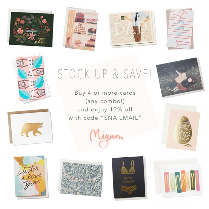 shopmignon's tweet photo. Stock up and save! Buy 4 or more cards (any combo!) and enjoy 15% off with code “SNAILMAIL” https://t.co/vrTkrzvbtH https://t.co/dURunmbMJQ