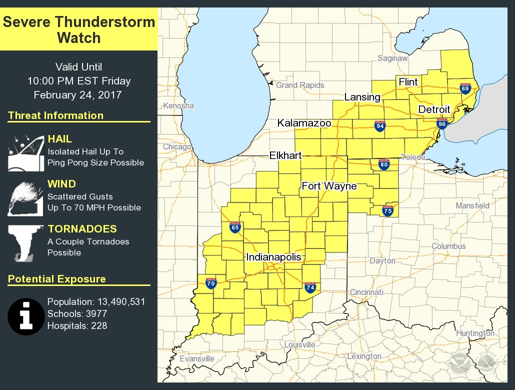 A severe thunderstorm watch has been issued for parts of Indiana