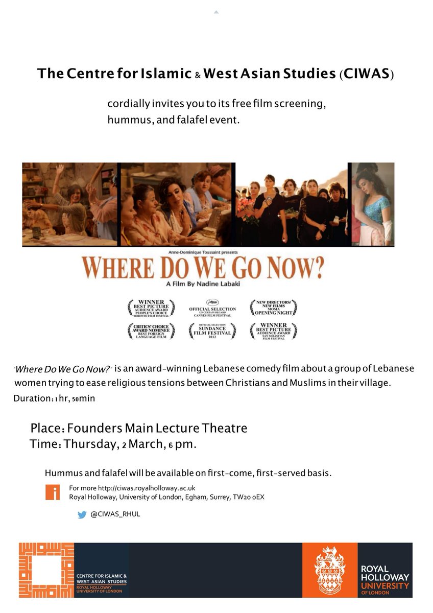 CIWAS_RHUL's tweet photo. UPCOMING EVENT: Film Screening, Free Hummus and Falafel. MARCH 2, 6 PM. #RHUL #CIWAS https://t.co/0a8W3lDreQ