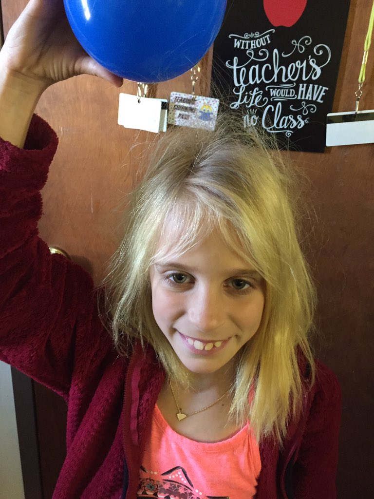 blakely_staci's tweet photo. "Hair-raising" fun with static electricity #badhairday #greatlearningday @GWatchinski @CSESHuskies @GLittle_Lex1 https://t.co/oBmNFaYhzs