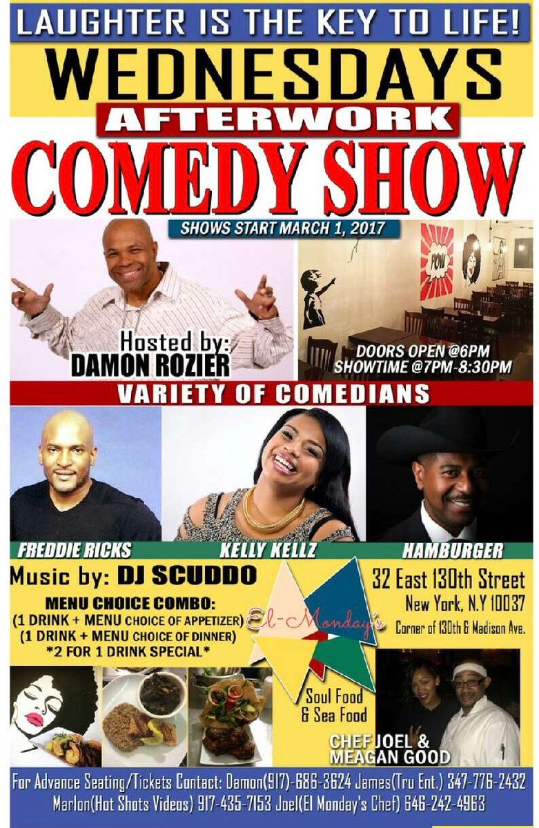 DAMONROZIER's tweet photo. After work Wednesdays starting March 1st, #food #comedy and much more!!! Perfect way to spoil yourself leading into the weekend!!! #comedy https://t.co/osBkaEX3fi