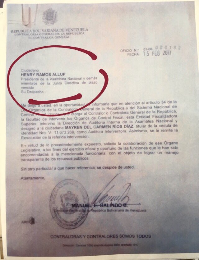 hramosallup's tweet photo. Estos malandros de tanto malandrear se enredan. Según oficio CGR del 20/01 el presidente AN es Julio Borges, y oficio 15/02 dice que soy yo https://t.co/V9IsUjPzzz
