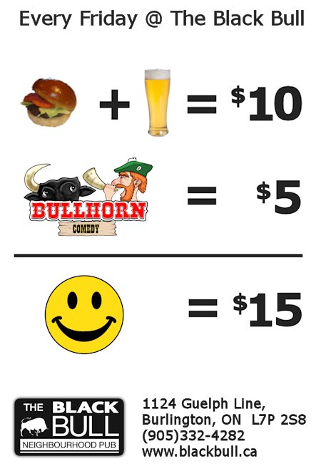 Looking for a fun, inexpensive night out?   Join us tonight for Bullhorn #comedy and maybe a burger <a href="/TheBlackBull3/">The Black Bull Neighborhood Pub</a>  <a href="/snapdBurlington/">snapd Burlington</a>