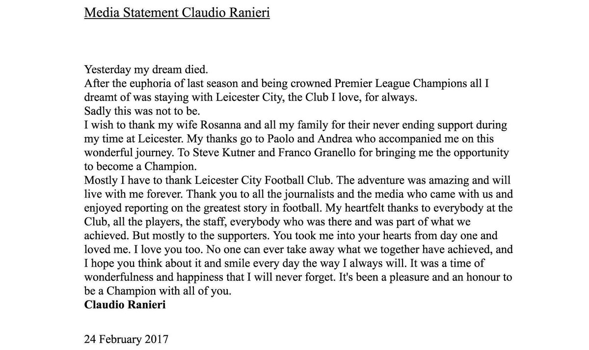 SoccerAM's tweet photo. Classy statement from Claudio Ranieri 👏 https://t.co/Xl467qkweq