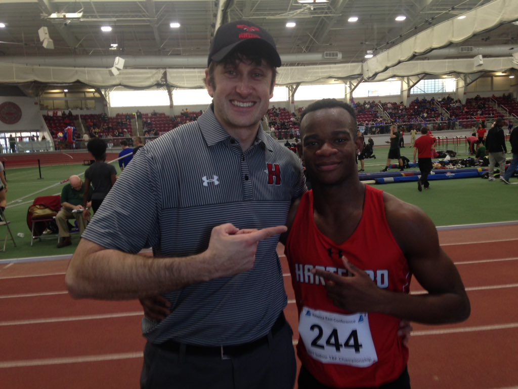 HartfordHawks's tweet photo. Can you say #ConferenceChampion? This guy can. HUGE congrats to @AmericaEast long jump champ Terrel Davis!!! #HawkNationDomination https://t.co/4twuzIt5iD
