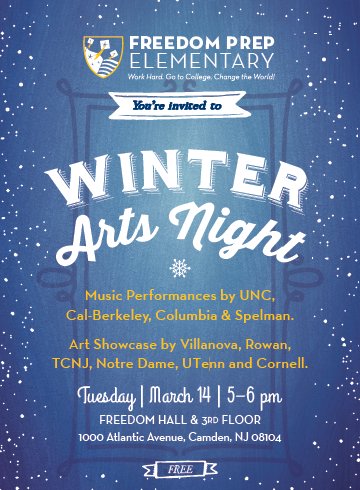 DPFreedomElem's tweet photo. Save the Date for the FPE Winter Arts Night Tuesday March 14 5-6pm! #DPPSArts #beFPE @DemocracyPrep @RonCBrady @DPFreedomPrep @DPFreedomHigh https://t.co/2amBKyKrpP