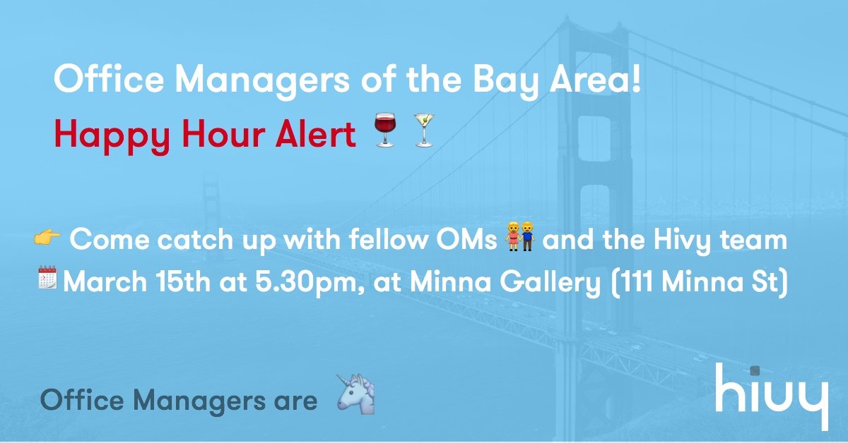hivyapp's tweet image. Office Managers of the Bay Area! The Hivy team organizes an Happy Hour for you! Save the date &amp;amp; RSVP here 👉🏻 hubs.ly/H06rbWv0