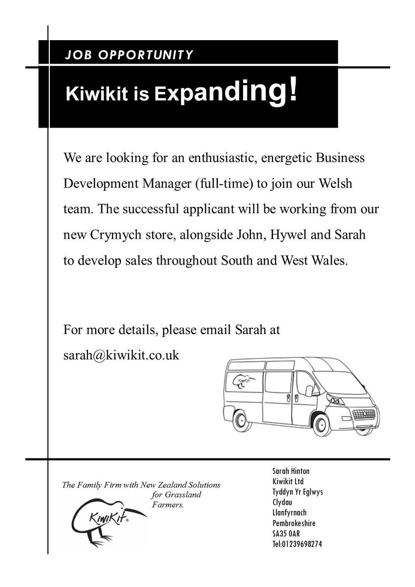 MasseyRob's tweet photo. KiwiKit are recruiting a Sales Person to join the team in West Wales promoting #NZSolutions Full training given. Apply: sarah@kiwikit.co.uk https://t.co/2N8fc8M4Wh