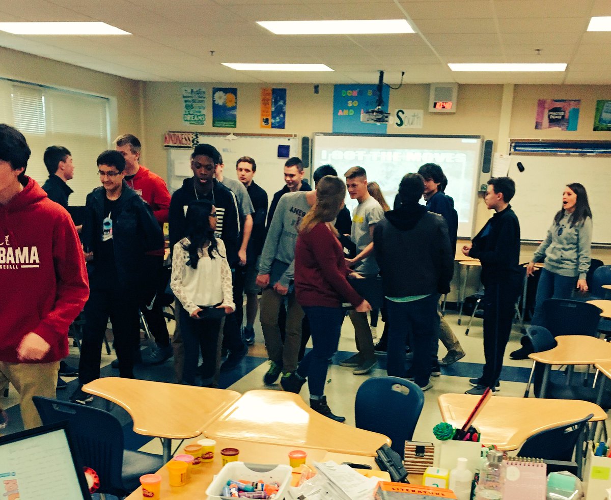 TeamFothia's tweet photo. A little active learning on a Friday! Thanks @PaulaKluth for Musical Pairs. Lots of fun dancing &amp; reviewing literary analysis #marleymighty https://t.co/OK4n2hI4zD