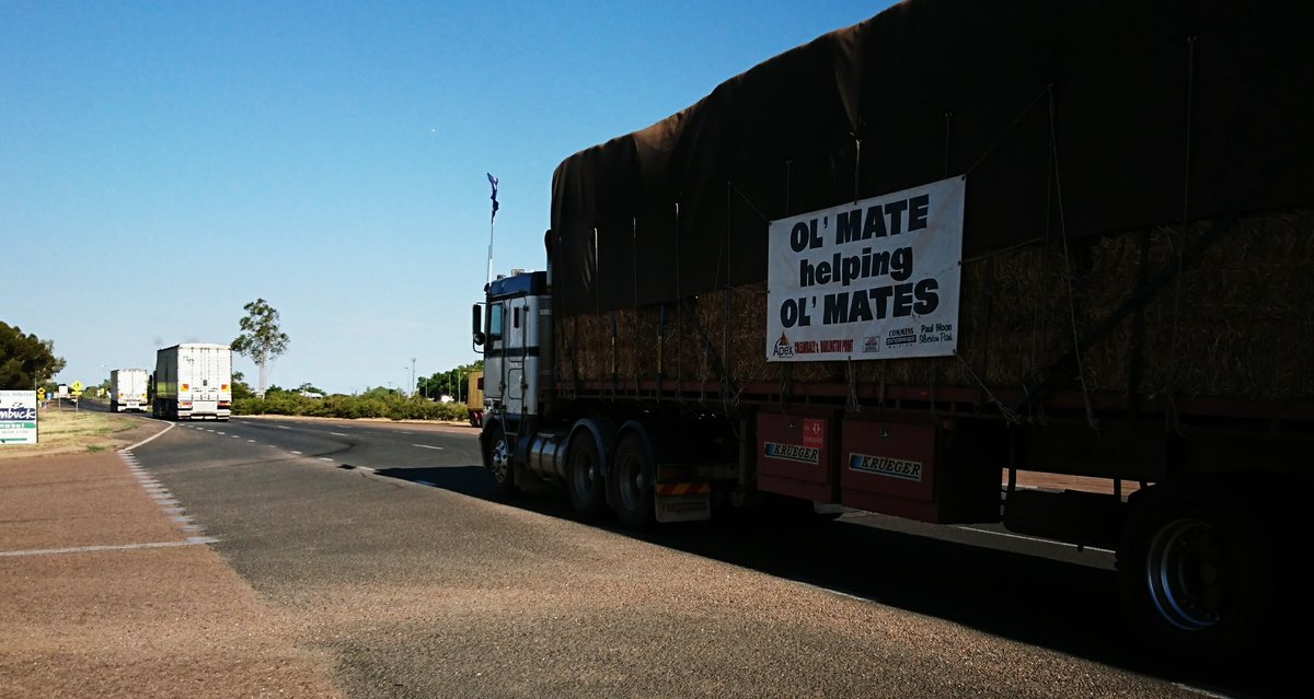 sallyQCL's tweet photo. The #Burrumbuttockhayrunners have crossed the Thomson and are on their way to #Muttaburra!! Plenty of horns tooting in Longreach @qclnews https://t.co/iQm4BtIA9L