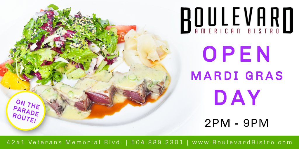 theblvdbistro's tweet photo. Happy #Carnival! Take a detour down to Boulevard for a bite and a drink 💛 💚 💜  #myblvdbistro #nola #mardigras https://t.co/uJWmRA0RCW