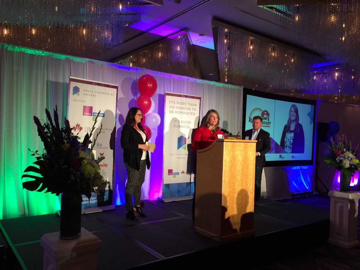 SmallBusinessBC's tweet photo. Congrats #RainbowsRoost from #Kamloops on winning Best #CommunityImpact Award sponsored by @vancity #SBBCAwards https://t.co/H07PMxDk3B