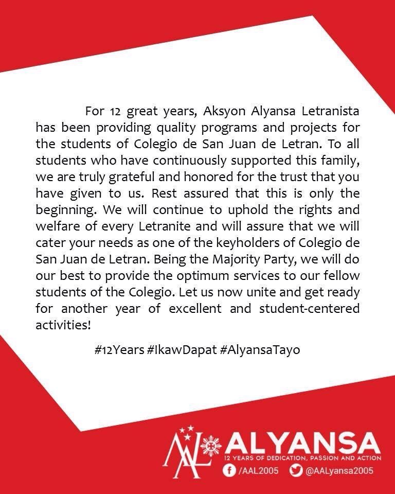 Would like to thank the Letran student body for once again entrusting your voice to us. #IkawDapat #AlyansaTayo