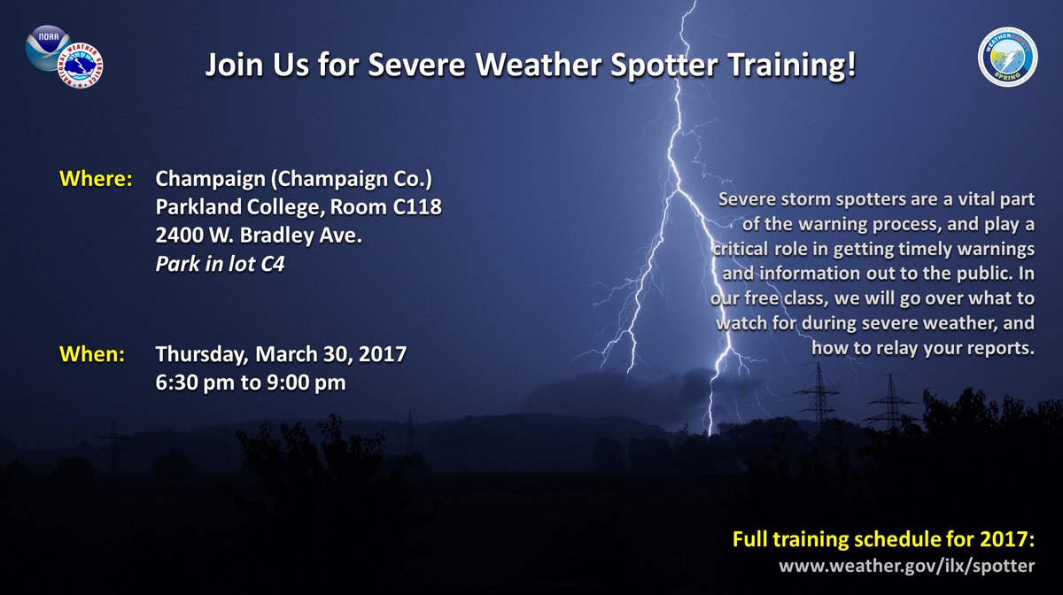 NWSLincolnIL's tweet photo. Join us for spotter training tonight at @parklandcollege in Champaign at 6:30 pm. #ILwx #skywarn16 #cILwx #chambana https://t.co/eFwB8blD8T