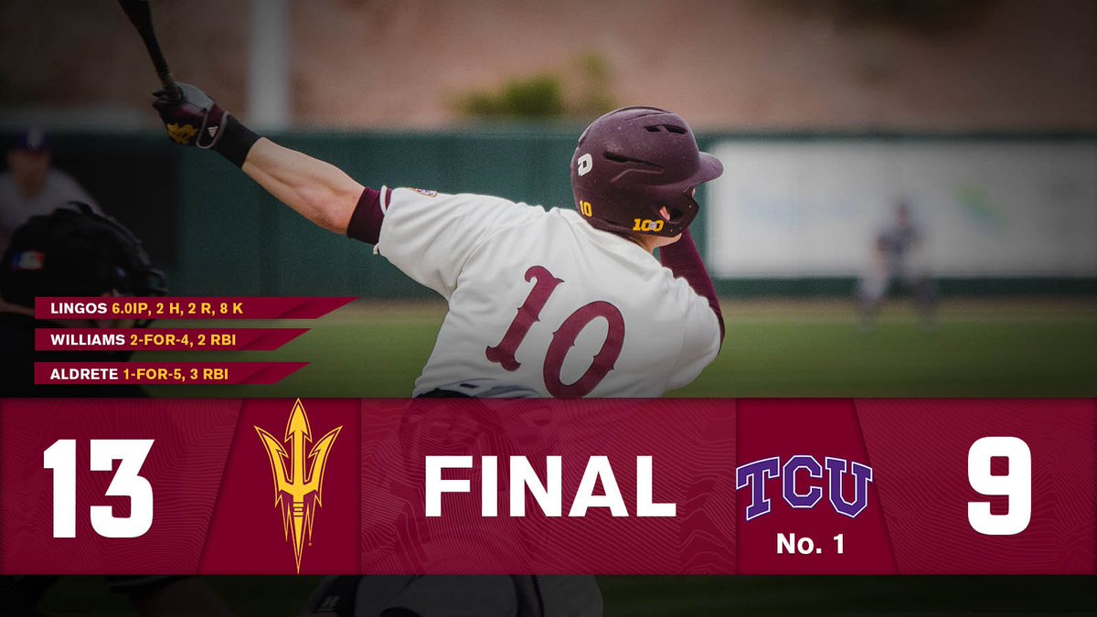 ASU_Baseball's tweet photo. DEVILS WIN, DEVILS WIN!!

ASU takes down No. 1 TCU in game one behind Lingos' quality start.

See. You. Tomorrow. https://t.co/pFXkCVw8cH