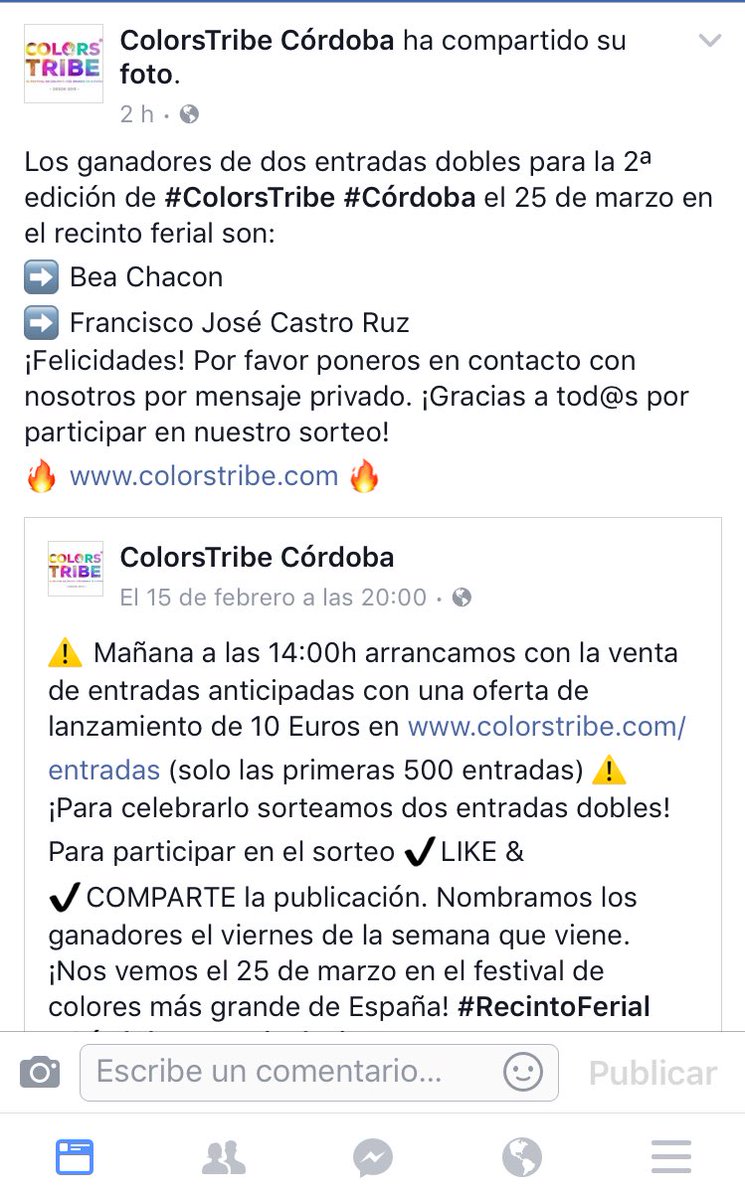 FranJoseCastro's tweet photo. Ya era hora de que me tocase algo por primera vez!! Nos vamos al festival #colortribe de Córdoba el 25 de Marzo🎉🎉🎉 https://t.co/Cnd3seaLPL
