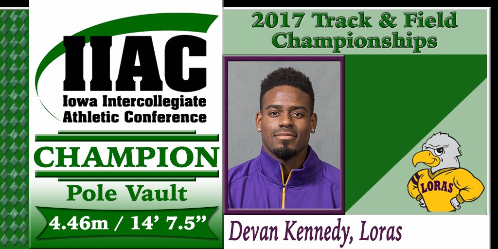 IIAC_Track's tweet photo. The 1st Men's title of the 2017 #IIACITF Championships goes to Devan Kennedy of Loras in the Pole Vault with a height of 4.46m / 14' 7.5". https://t.co/647wOTk9ER